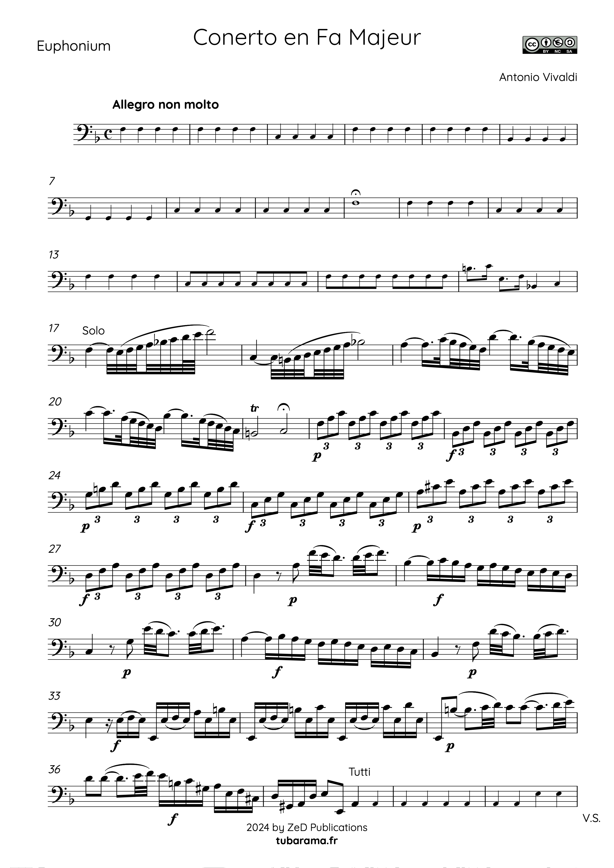 Premier page du concerto en fa majeur d'Antonio Vivaldi, arrangé pour euphonium